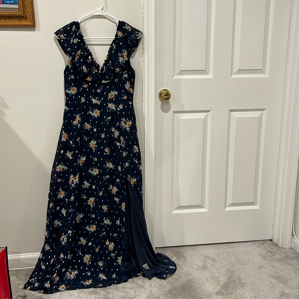 Navy maxi dress with florals and gold leaf